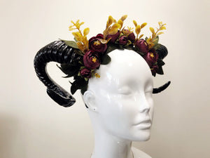 Black Horns Ram Flowers Nymph Forest Goat Headdress Sheep Red Yellow