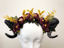 Load image into Gallery viewer, Black Horns Ram Flowers Nymph Forest Goat Headdress Sheep Red Yellow