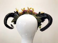 Load image into Gallery viewer, Black Horns Ram Flowers Nymph Forest Goat Headdress Sheep Red Yellow