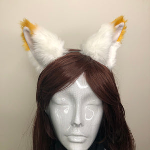 Big Cat ears Kitty Headwear White Furry Bright Yellow on Top Animal Headband Costume