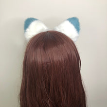 Load image into Gallery viewer, Big Cat ears Kitty Headwear White Furry Indigo on Top White Fur inside Animal Headband Costume