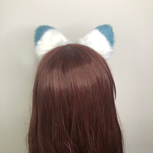 Big Cat ears Kitty Headwear White Furry Indigo on Top White Fur inside Animal Headband Costume