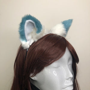 Big Cat ears Kitty Headwear White Furry Indigo on Top White Fur inside Animal Headband Costume