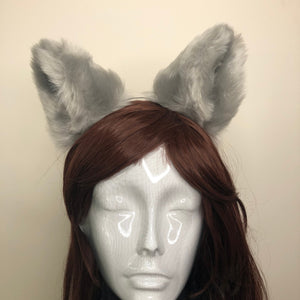 Big Cat ears Kitty Fox Headwear Gray Soft Furry Thick Grey Fur inside Animal Headband Costume Bow Bells【NALUMI】