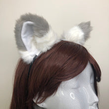 Load image into Gallery viewer, Big Cat ears Kitty Fox Headwear White Furry Gray Top Soft White Fur inside Animal Headband Costume