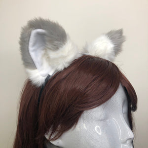 Big Cat ears Kitty Fox Headwear White Furry Gray Top Soft White Fur inside Animal Headband Costume