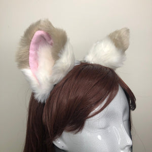 Big Cat ears Kitty Fox Headwear White Furry Light Brown Top Pink and Soft White Fur inside Animal Headband Costume