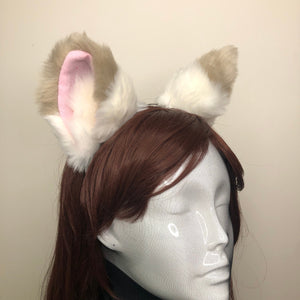 Big Cat ears Kitty Fox Headwear White Furry Light Brown Top Pink and Soft White Fur inside Animal Headband Costume