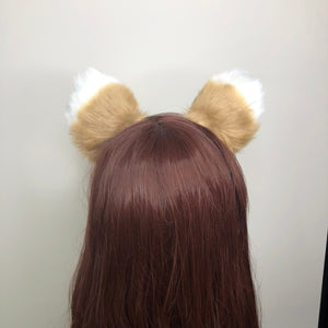 Cat ears Kitty Fox Headwear Light Brown Soft Furry White Top Soft Fur inside Animal Headband Costume