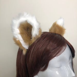 Cat ears Kitty Fox Headwear Light Brown Soft Furry White Top Soft Fur inside Animal Headband Costume