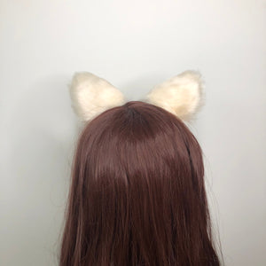 Cat ears Kitty Headwear Beige Furry white inside Animal Headband Costume Bow Bells