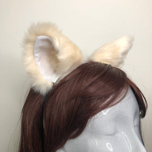 Cat ears Kitty Headwear Beige Furry white inside Animal Headband Costume Bow Bells