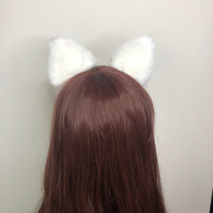 Cat ears Kitty Headwear White Furry Beige inside Animal Headband Costume Bow Bells