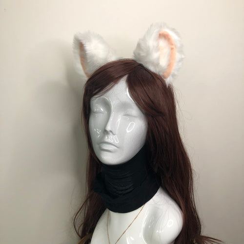 Big Cat ears Kitty Headwear White Furry Beige Soft Thick White Fur inside Animal Headband Costume