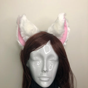 Big Cat ears Kitty Headwear White Furry Pink Soft Thick White Fur inside Animal Headband Costume