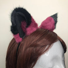 Load image into Gallery viewer, Cat ears Kitty Headwear Berry Wine Red Wine Black Top Black Inside Furry Animal Headband Costume Bow Bells