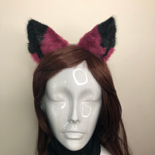 Load image into Gallery viewer, Cat ears Kitty Headwear Berry Wine Red Wine Black Top Black Inside Furry Animal Headband Costume Bow Bells