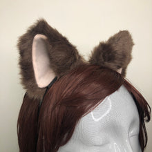 Load image into Gallery viewer, Cat ears Kitty Headwear Dark Brown Furry Beige inside Animal Headband Costume Bow Bells