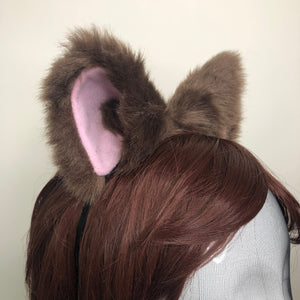 Cat ears Kitty Headwear Dark Brown Furry Pink inside Animal Headband Costume Bow Bells