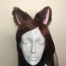 Load image into Gallery viewer, Cat ears Kitty Headwear Dark Brown Furry Pink inside Animal Headband Costume Bow Bells