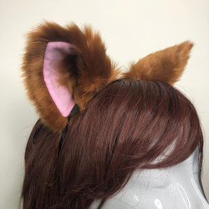 Cat ears Kitty Headwear Brown Furry Pink inside Animal Headband Costume Bow Bells