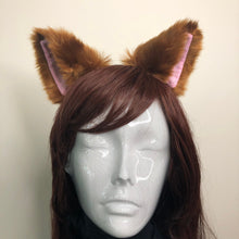 Load image into Gallery viewer, Cat ears Kitty Headwear Brown Furry Pink inside Animal Headband Costume Bow Bells