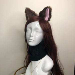 Cat ears Kitty Headwear Dark Brown Furry Pink inside Animal Headband Costume Bow Bells