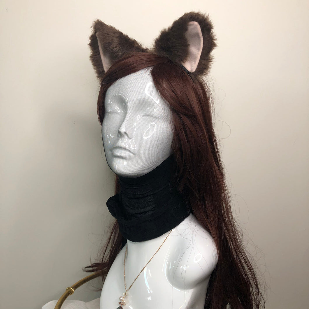 Cat ears Kitty Headwear Dark Brown Furry Beige inside Animal Headband Costume Bow Bells