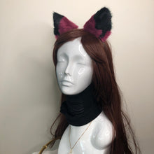 Load image into Gallery viewer, Cat ears Kitty Headwear Berry Wine Red Wine Black Top Black Inside Furry Animal Headband Costume Bow Bells