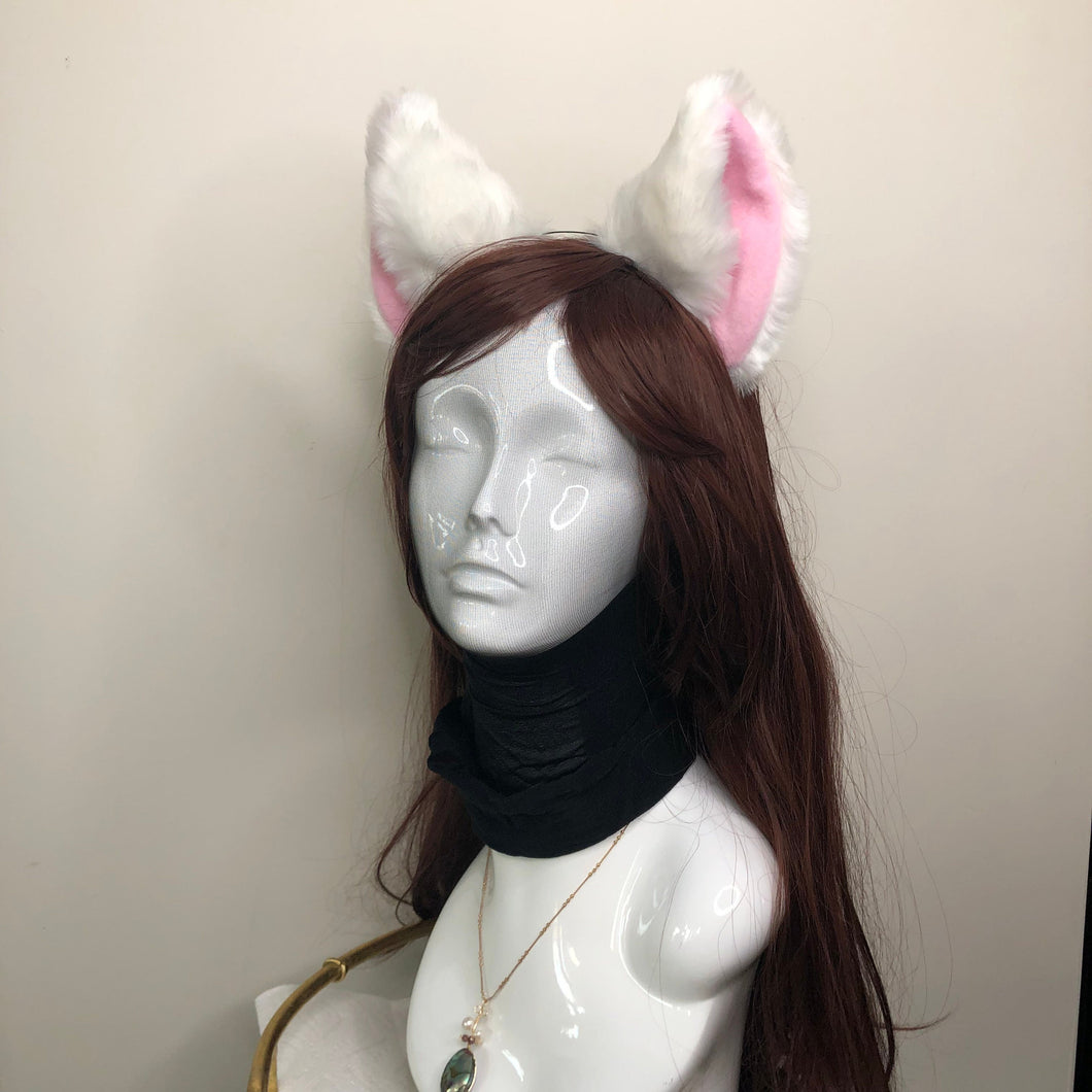 Big Cat ears Kitty Headwear White Furry Pink Soft Thick White Fur inside Animal Headband Costume