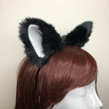 Load image into Gallery viewer, Big Cat ears Kitty Headwear Black and White Furry White Inside Animal Headband Costume