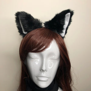 Big Cat ears Kitty Headwear Black and White Furry White Inside Animal Headband Costume