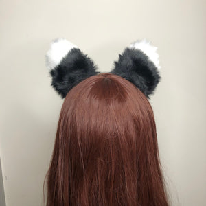 Big Cat Ears Kitty Cosplay Headwear Black White Furry Black Fur Inside Animal Headband Costume