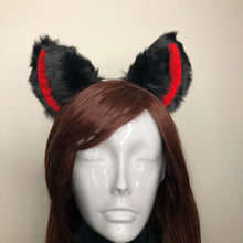 Load image into Gallery viewer, Big Cat ears Kitty Cosplay Headwear Black Furry Red Inside Animal Headband Costume