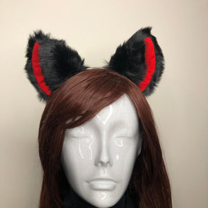 Big Cat ears Kitty Cosplay Headwear Black Furry Red Inside Animal Headband Costume