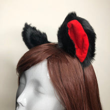 Load image into Gallery viewer, Big Cat ears Kitty Cosplay Headwear Black Furry Red Inside Animal Headband Costume