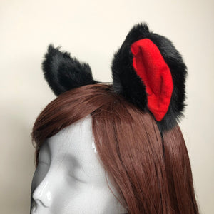 Big Cat ears Kitty Cosplay Headwear Black Furry Red Inside Animal Headband Costume