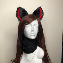 Load image into Gallery viewer, Big Cat ears Kitty Cosplay Headwear Black Furry Red Inside Animal Headband Costume