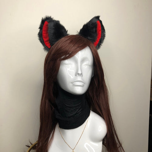 Big Cat ears Kitty Cosplay Headwear Black Furry Red Inside Animal Headband Costume