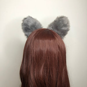 Big Cat ears Kitty Cosplay Headwear Gray Furry Black Inside Animal Headband Costume