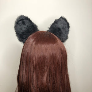 Big Cat ears Kitty Cosplay Headwear Black Gray Furry Gray Fur Inside Animal Headband Costume