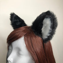 Load image into Gallery viewer, Big Cat ears Kitty Cosplay Headwear Black Gray Furry Gray Fur Inside Animal Headband Costume