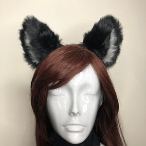 Big Cat ears Kitty Cosplay Headwear Black Gray Furry Gray Fur Inside Animal Headband Costume