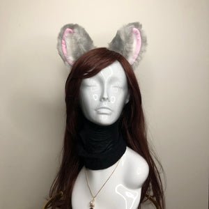 Big Cat ears Kitty Cosplay Headwear Gray Furry White Fur Inside Animal Headband Costume