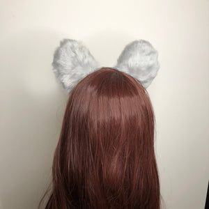 Big Cat ears Kitty Cosplay Headwear Gray Furry White Fur Inside Animal Headband Costume