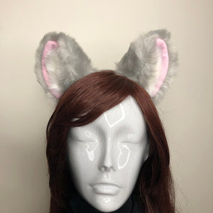 Big Cat ears Kitty Cosplay Headwear Gray Furry White Fur Inside Animal Headband Costume