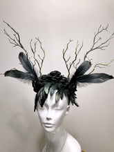 Load image into Gallery viewer, FEATHER HEAD PIECE - Horns Head Dress - Halloween Headwear - Crow Feather headdress - Black Rose Headpiece - Nymph Headdress