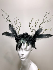 FEATHER HEAD PIECE - Horns Head Dress - Halloween Headwear - Crow Feather headdress - Black Rose Headpiece - Nymph Headdress