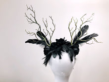 Load image into Gallery viewer, FEATHER HEAD PIECE - Horns Head Dress - Halloween Headwear - Crow Feather headdress - Black Rose Headpiece - Nymph Headdress