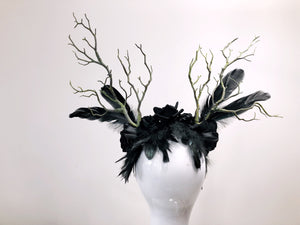 FEATHER HEAD PIECE - Horns Head Dress - Halloween Headwear - Crow Feather headdress - Black Rose Headpiece - Nymph Headdress